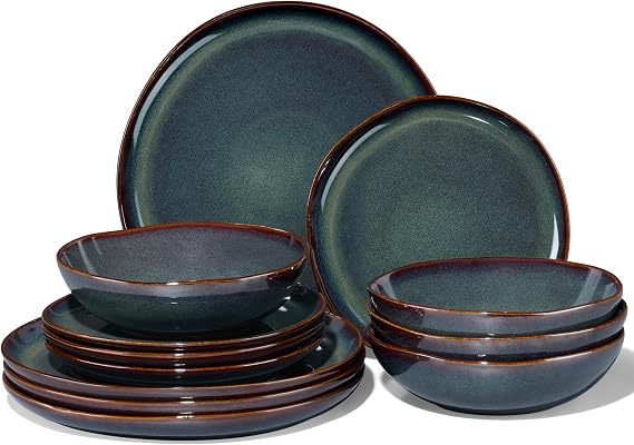 Joyfair 12 Pcs Stoneware Dinner Set Service for 4, Blackish Green