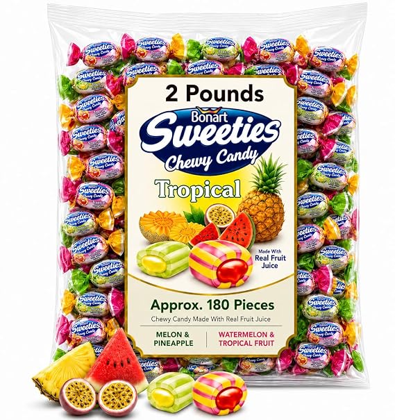 Bonart Sweeties Tropical Fruit Assorted Chewy Candy, Individually Wrapped, Made With Real Fruit Juice (2 Pounds)
