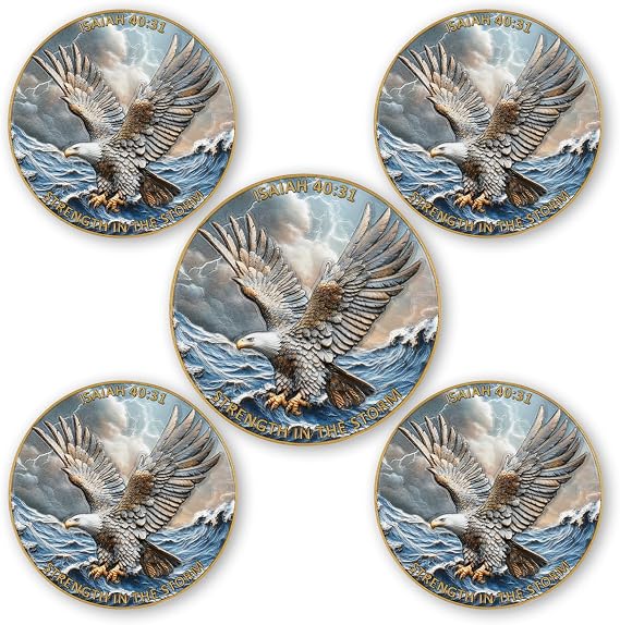 Strength in The Storm Christian Challenge Coin 5-Pack Eagle and Isaiah 40:31 Scripture, Prayer Coins for Inspiration and Faith, with Clear Acrylic Display Cases, Coins for Collectors