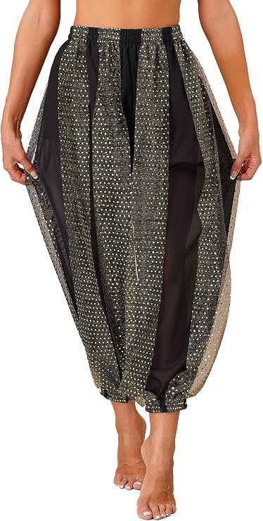 Women's Belly Dance Costume Coin Lantern Pants Side Split Sequin Shiny Harem Pants Arabic Halloween Trousers