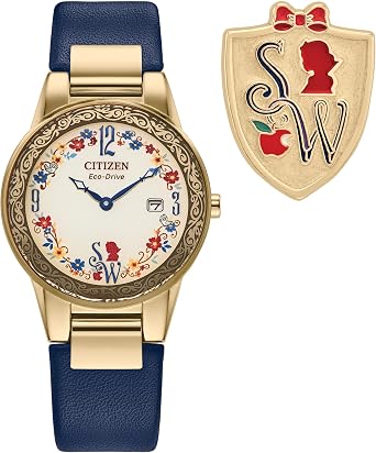 Citizen Ladies Eco-Drive Disney Princess Snow White Gold Stainless Steel Case with Blue Leather Strap Watch and Pin Gift Set, Pale Gold Dial, Date Model GA1079-41W