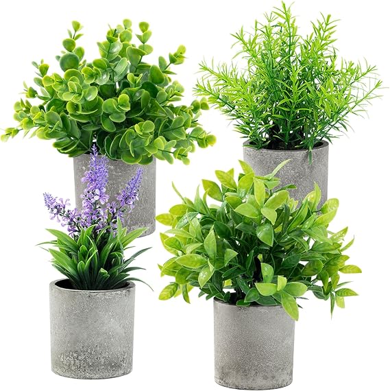 4 Pack Artificial Plants Indoor in Pots, Small Fake Plastic Plants