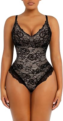 SHAPELLX Lace Bodysuit for Women Tummy Control Backless Shapewear V Neck Thong Body Shaper