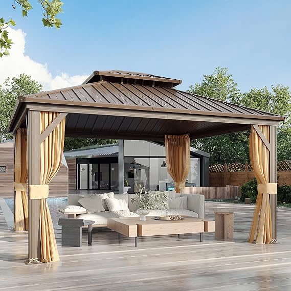 YOLENY 12' x 14' Gazebo Hardtop with Aluminum Frame,Galvanized Steel Double Roof Gazebos with Curtain and Netting,Outdoor Metal Pergolas for Garden, Lawn, Deck, Brown