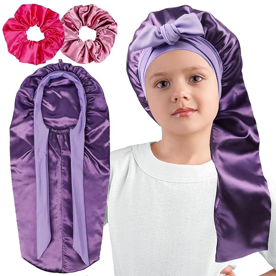 Long Kids Bonnets for Girls,Double Layer Satin Bonnet for Sleeping Kid,Bonnet for Girl Braids Long Hair Purple