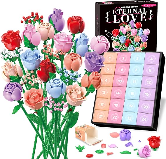 Sopu Flower Bouquet Advent Calendar 2026 for Adults Teens Kids, 24 Days Flower Bouquet Christmas Countdown Calendar Colorful Roses Bouquet Building Set, DIY Flower Advent Calendar Home Decor