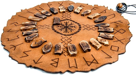 Viking Rune Divination Set Includes a Premium Leather Divination mat and Genuine Bone Elder Futhark runestone Pieces