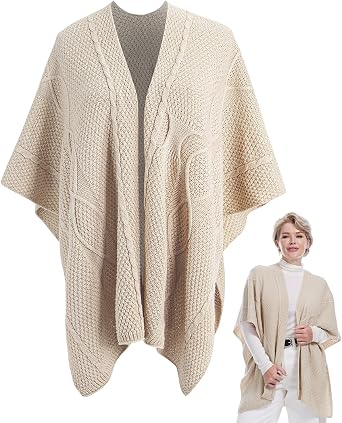 MissShorthair Knit Ponchos Wraps for Women Asymmetric Shawl Wrap Cowl Neck Striped Cape Top