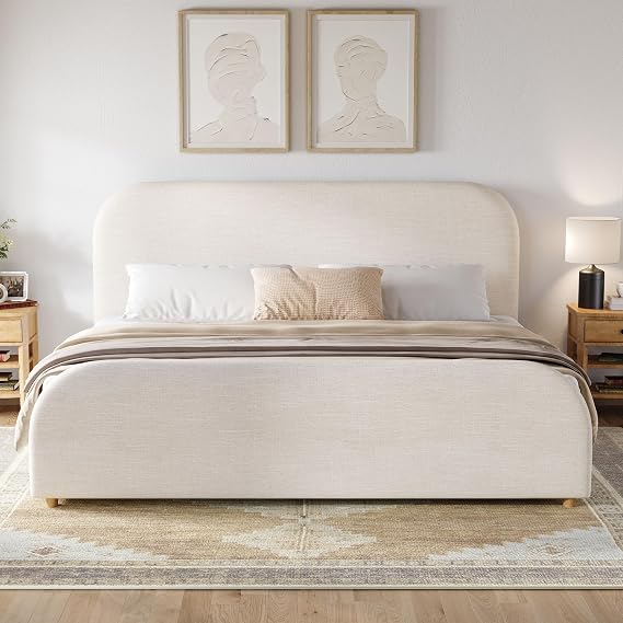 Christopher Knight Home Lanet Linen Upholstered King Size Bed Frame with Headboard, Modern King Bed Frame and Headboard, Wooden Slats Support, Easy Assembly, No Box Spring Needed, Beige