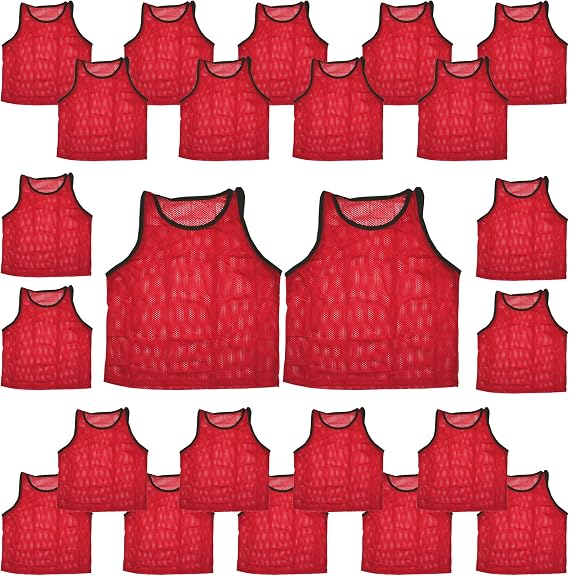 BlueDot Trading Youth Boys Girls Sports Scrimmage Pinnies Training Vest for team practice for Soccer, Lacrosse, and more, Red, Quantity 24 Pack