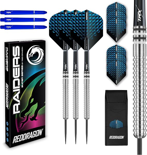 RED Dragon Raider Series: 23g Steel Tip Tungsten Darts Set - Professional Darts with Shafts (Stems) and Flights - Choice of Colour Available