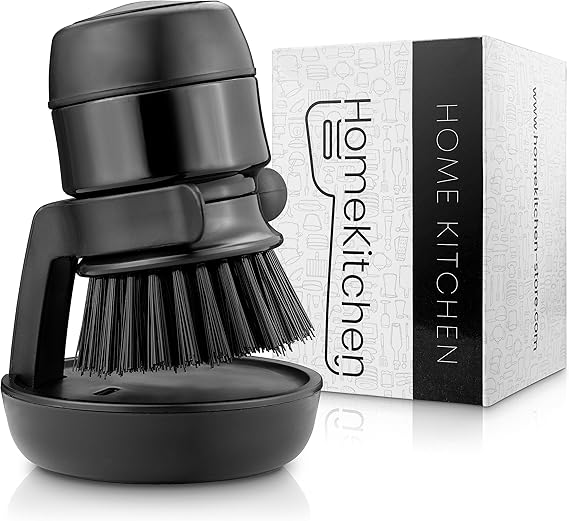 HomeKitchen® Spülbürste mit Spülmittelspender und HalterungSpülbürste schwarz nachfüllbar mit Spülmittel Reinigungsbürste rund für Pfannen Topfreiniger Geschirrbürste