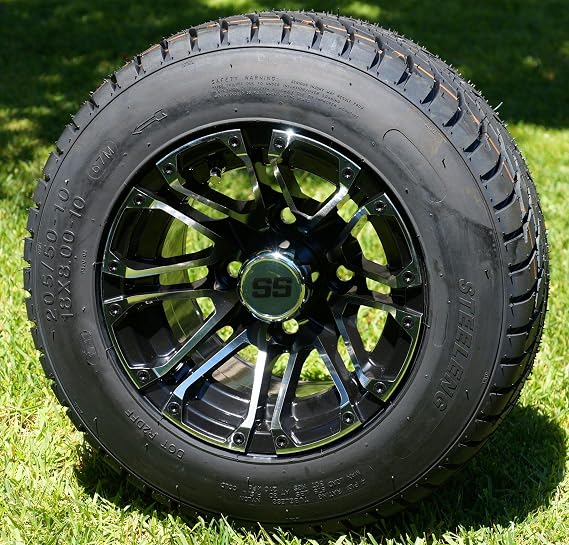 10" LANCER Machined/Black Golf Cart Wheels and 205/50-10 DOT Street Golf Cart Tires Combo - Set of 4 (Fits All Carts!)
