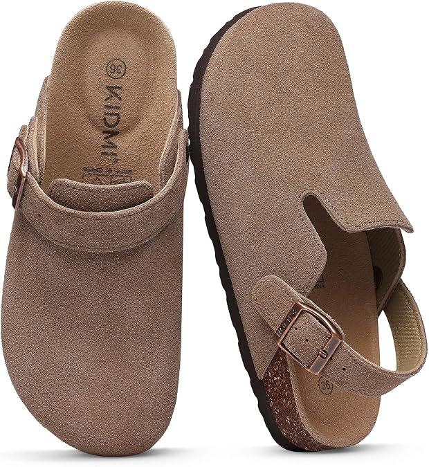 KIDMI Women's Suede Clogs with Back Strap Men's Leather Mules Cork Footbed Slip on Potato Shoes, Mocha 41