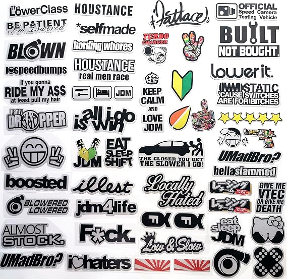 HiroKun 57 Pcs JDM Cars Decal Racing Decal JDM Motors Funny Car Stickers Racing for Car Bumber Motorcycle Decals Graphics Race Drift