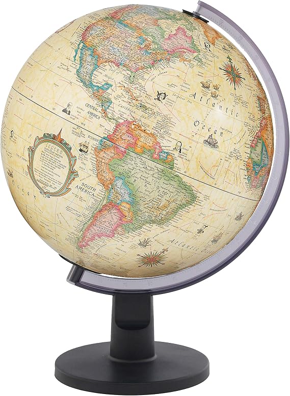 Spotter Illuminated 12" Diameter, Up to Date Cartography,with Antique Ocean Globe Ball and Sturdy Black Base. Beautiful Antique Globe ball. This high quality illuminated globe is packed with premium features such as a 2-way map, illumination, raised-relief and is budget-friendly. Perfect for kids bedroom nightlight, home decor accessory, gift or to use as an education piece for hours of discussion.
