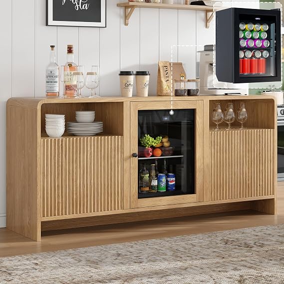 LUXOAK 60" Coffee Bar Cabinet with Beverage Fridge (Included), Oak