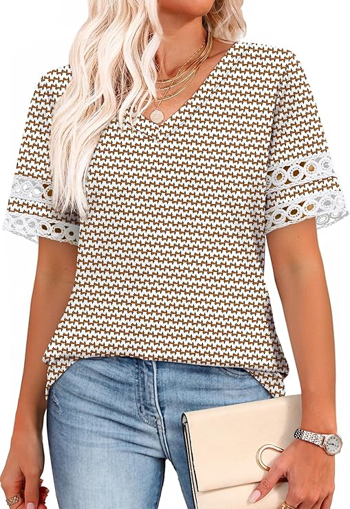 XIEERDUO Womens Summer Tops Dressy Casual Blouses for Women V Neck Short Sleeve Shirts Fashion Clothes Curved Hem Flowy