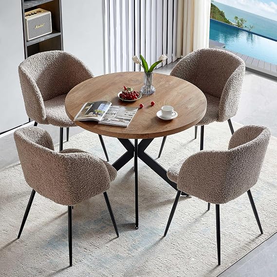 NORDICANA 5 Pieces Round Dining Table Set with Armchairs, 37-Inch MDF Table-top, Faux Fur Brown Dining Chairs Set with Black Metal Leg for Kitchen, Living Room