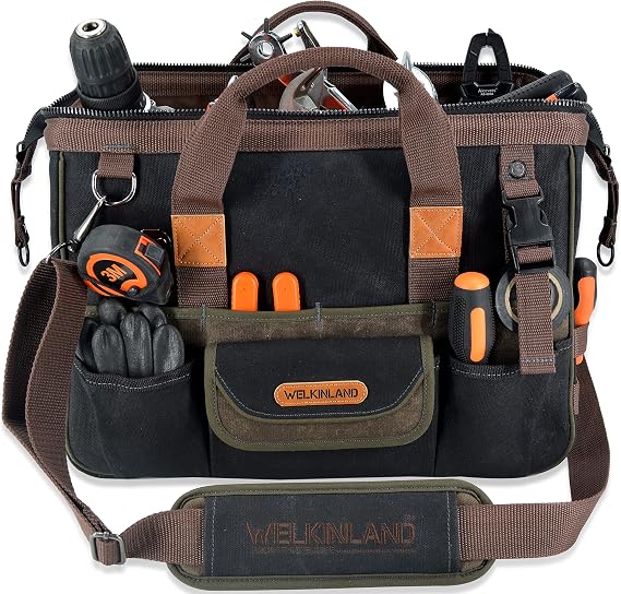 WELKINLAND 32-Pocket Waxed Canvas Tool Bag, 16" HVAC Tool Bag For Men