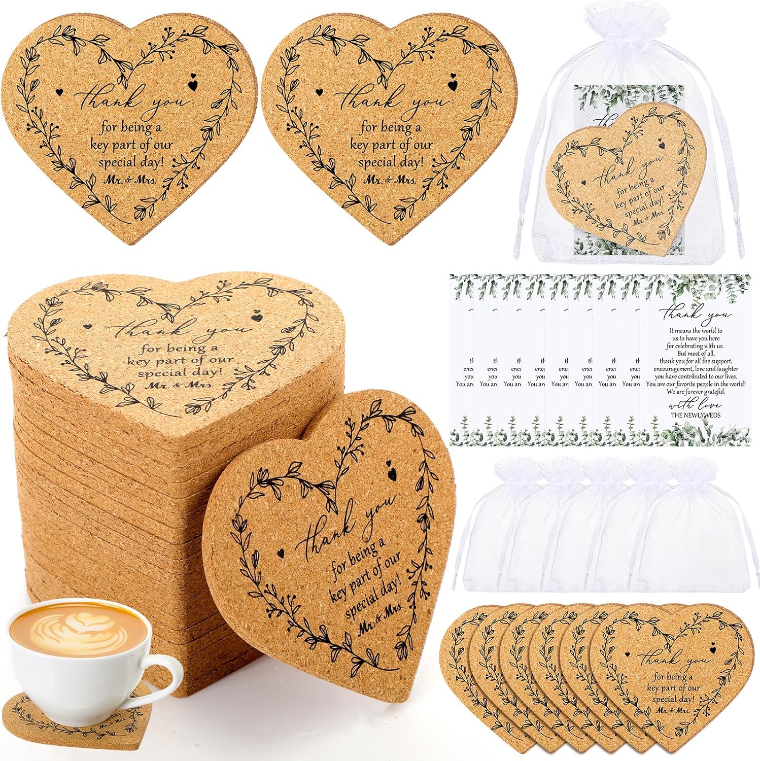 Uiifan 50 Sets Wedding Favors for Guests Coaster Gifts Bulk Mr and Mrs Heart Cork Coasters Heart Gifts Thank You Cards and Organza Bags Guest Souvenirs for Wedding Party Bridal Favors