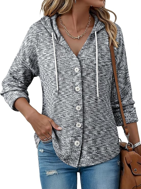 ZXZY Waffle Knit Tops for Women Casual Long Sleeve Button Hooded Sweatshirts Hoodies