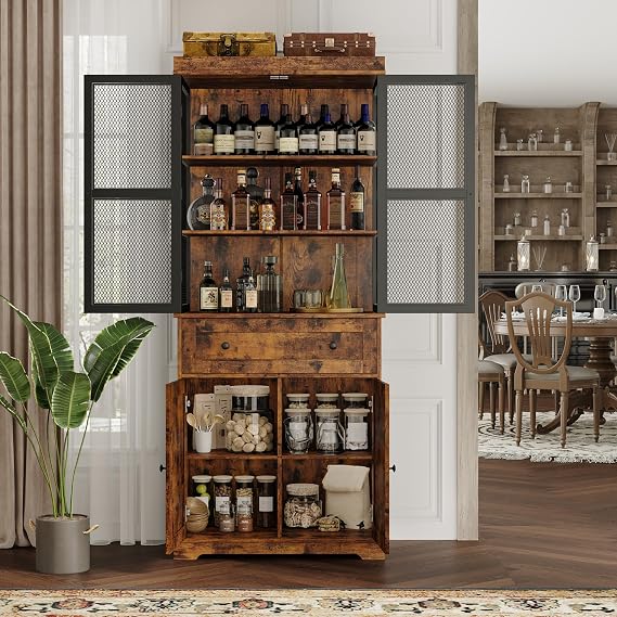 BOTLOG 71 Retro Pantry Cabinet, Kitchen Pantry Storage Cabinet with Adjustable Shelf, Drawer and Visual Metal Mesh Door, Farmhouse Wooden Cabinet for Dining Room, Kitchen, Coffee Bar