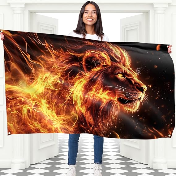 Lion Flag Large Funny Flag 110D Polyester Double stitched 4 brass grommets, large 90x150 cm (5 x 3 feet)