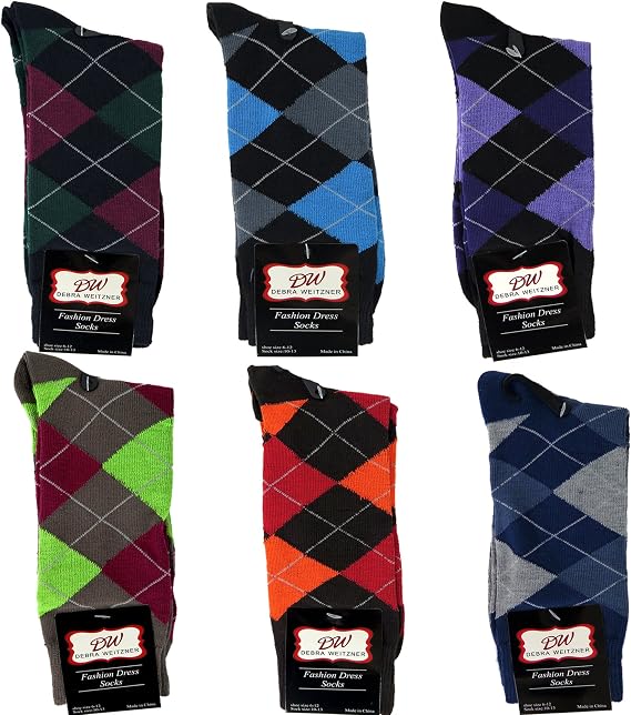 Debra Weitzner Mens Dress Socks With Bright Argyle Patterns - Cotton - Assorted Colors - Crew Length - Pack of 6 Pairs