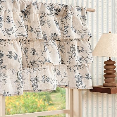 jinchan Ruffled Floral Valance Curtain Shabbychic Linen Window Valance 18 Inch Farmhouse Rustic Window Treatment for Kitchen Bedroom Living Room Rod Pocket 1 Panel Blue on Linen