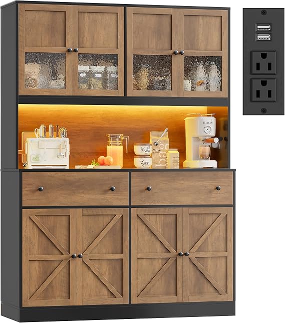 71" Pantry Cabinet with LED Light and Charging Station | Farmhouse Kitchen Pantry Cabinet with Microwave Stand, 47.2" Wide Kitchen Hutch Food Pantry with Open Countertop, Black/Brown