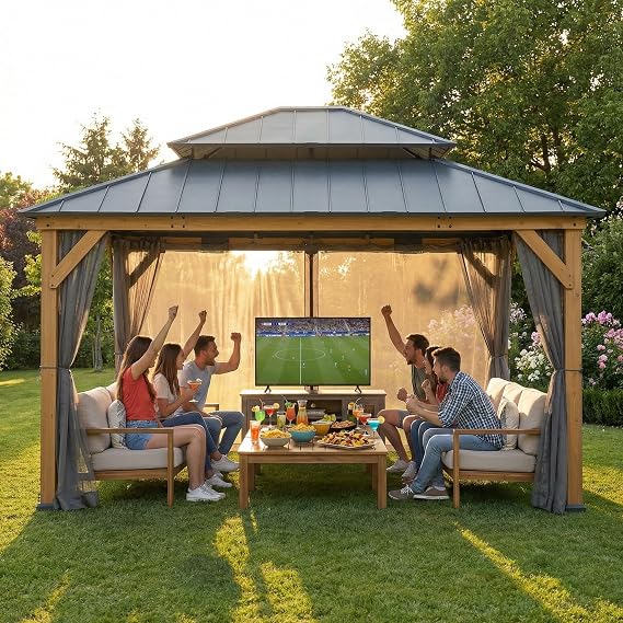 SUNJOY 3.3X3.9m Wood Gazebo Cedar Framed Gaezbos with Black Double Steel Hardtop Roof for Garden, Backyard Shade, Matte Black Roof + Natural Wood Frame