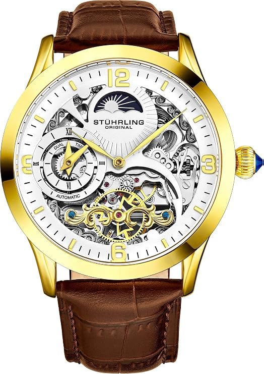 Stührling Original Automatic Watches for Men Skeleton Watch Dial, Dual Time, AM/PM Sun Moon, Leather Band, Mens Watch Series, Gold and Brown., Automatic Watch, Gold and Brown, Automatic watch
