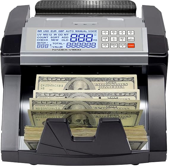 Nadex V1800 Money Counter - Color Coded Dual TFT Display - Professional Grade Accurate Fast Bill Counting with UV/MG/IR Counterfeit Detection - Counts 1000 Notes/Min