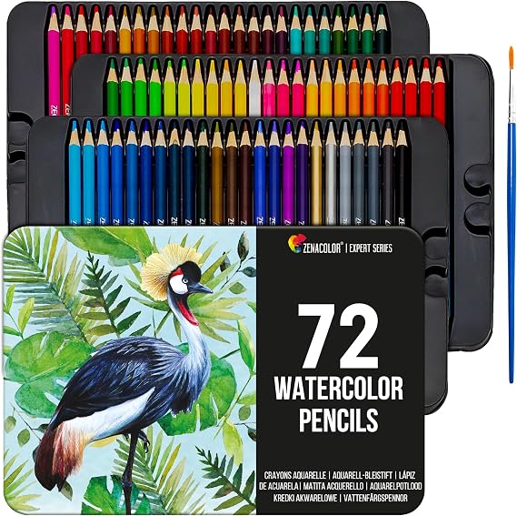 Zenacolor Professional Watercolor Pencils, Set of 72, Metal Box with Brush - Drawing Set for Coloring, Blending and Layering Books, Adult or Kids