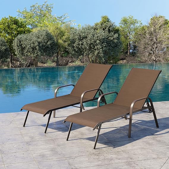 Chaise Lounge Chair Outdoor, Pool Chairs Set of 2 with Armrests (Brown)