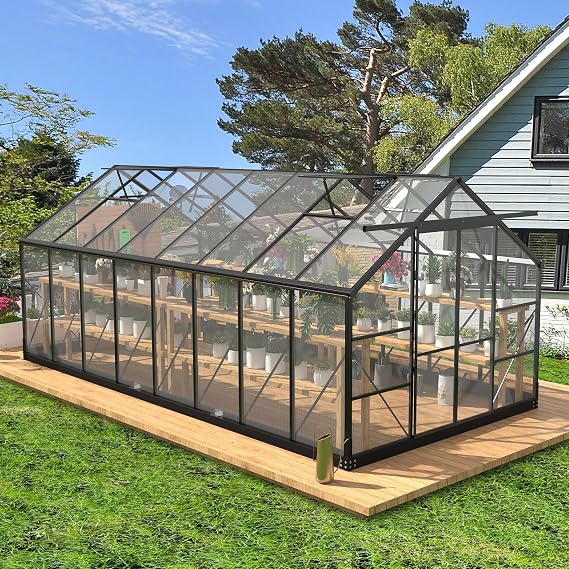 Pipleo 8x16 FT Polycarbonate Greenhouse with 4 Adjustable Roof Vents, Sliding Door, UV-Resistant Panels, Black Steel Frame, Large Walk-In Size