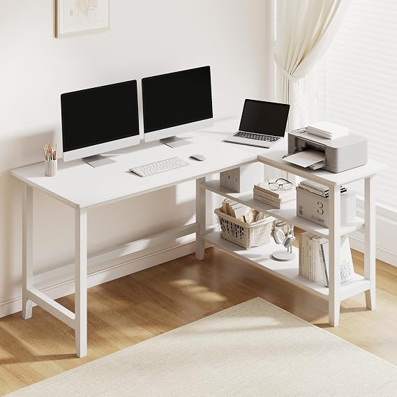 IOTXY 53" Reversible L-Shaped Office Desk with Storage Shelves, White