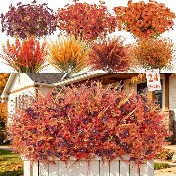 Alupssuc 24 Bundles UV Resistant Artificial Fall Flowers for Outdoors Decor | Mixed Faux Eucalyptus, Violet & Lavender Stems Premium Silk Fake Foliage, Ombre Orange & Brown Autumn Tones