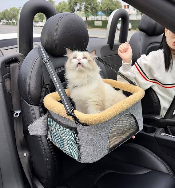 ROODO Dog Car Booster Seat with Safety Leash and Foldable Metal Frame for Small Pets up to 20 lbs Height-Adjustable Portable Puppy/Cat Car Seats with Plush Thick Cushion Mesh Window(Cation Gray)