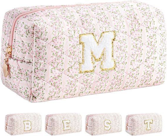 HBselect Personalized Makeup Bag for Women Initial Quilted Toiletry Bag