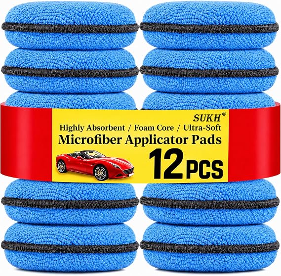 Sukh 12 Pack Microfiber Foam Car Wax Applicator Pad - Foam Applicator Pads Detailing Round 4.72 inch Polishing Sponges for Car Wax Applicator Pad Round Blue