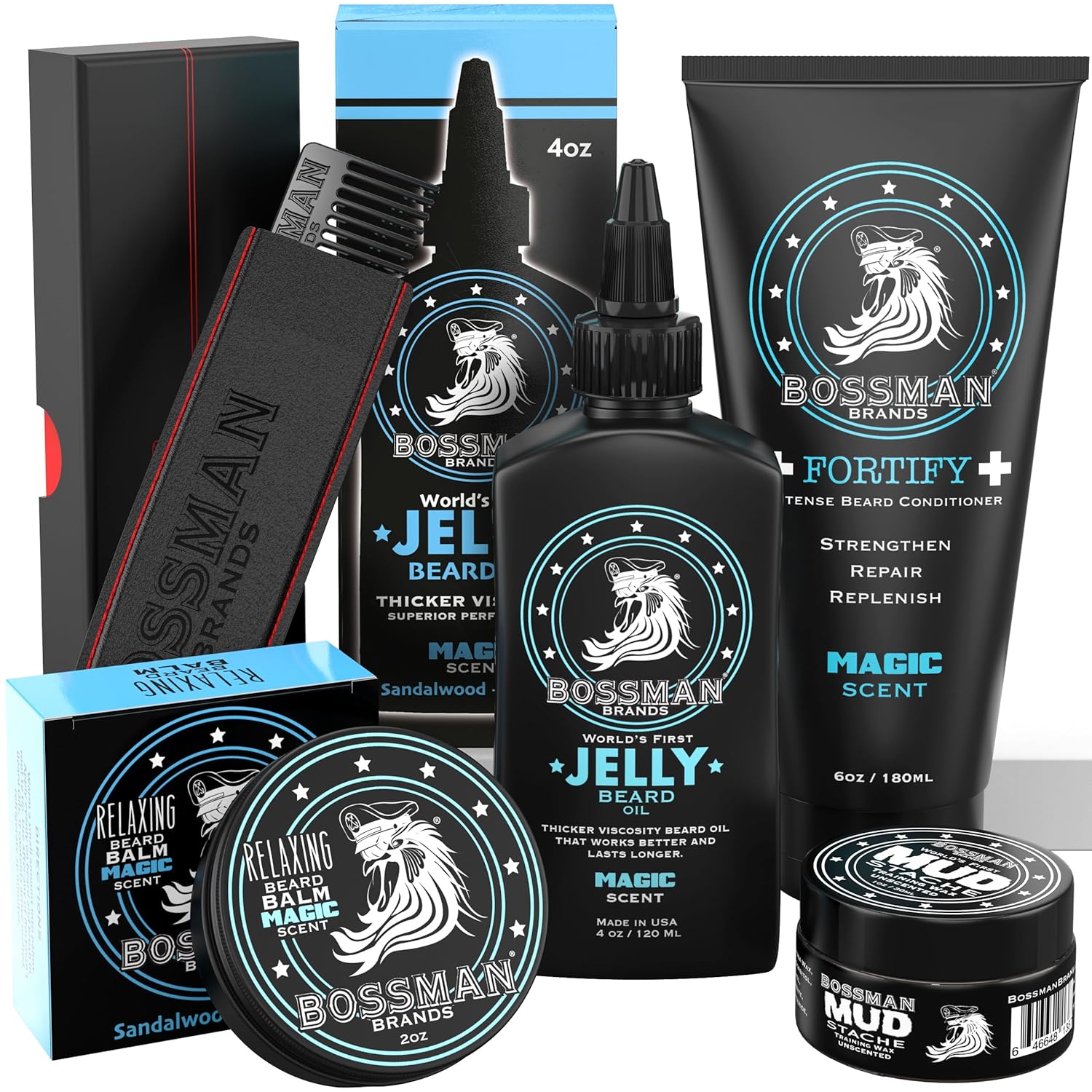 Bossman Complete Beard Kit – Mens Beard Oil Jelly, Fortifying Shower Conditioner, Balm, Mustache Wax & Comb – Beard Softener & Grooming Care Magic Scent