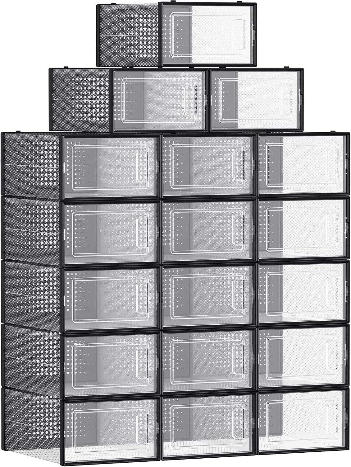 Songmics Shoe Box, Set of 18, Plastic Shoe Organizer, Foldable and Stackable, For Shoes Up to Number 44, Transparent Black Lsp18Sbkv1