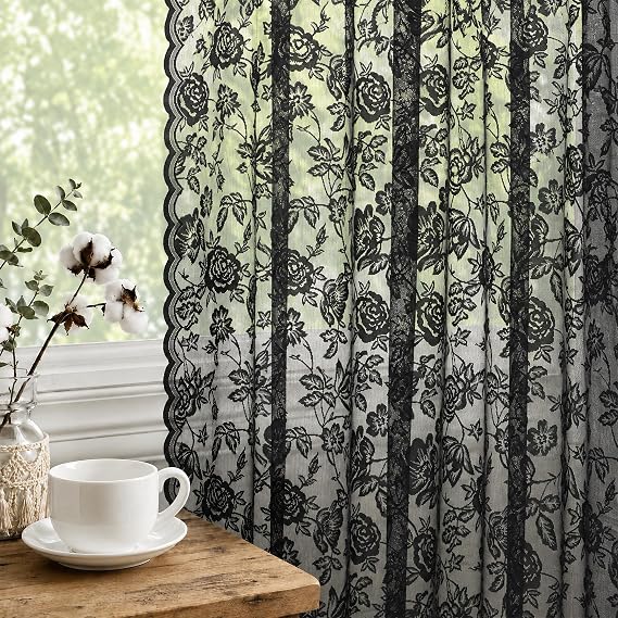 Black Lace Vintage Floral Flower Retro Living Room Bedroom Window Curtains