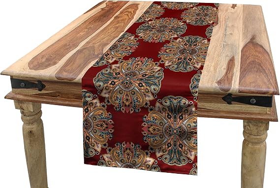 Lunarable Maroon Table Runner, Oriental Traditional Paisley Pattern Mandala Inspired Round Boho Folk Hues, Dining Room Kitchen Rectangular Runner, 12" X 72", Pastel Maroon
