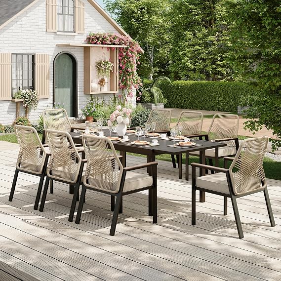 MIXPATIO Patio Dining Set, Extendable Metal Table, 8 Rattan Chairs, Beige