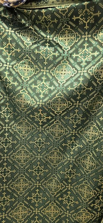 Liturgical Brocade,Church Gorgeous Cross, Green/Gold, Liturgical Metallic Brocade Fabric, Non-Stretch, Sold by the Yard Color, 60" Wide