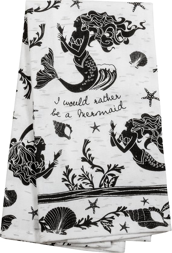 Karma Gifts Black And White Boho Tea Towel,Cotton, Mermaid 18" x 22"