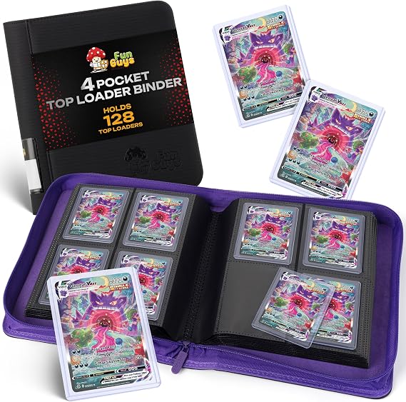 FunGuys Toploader Binder 4 Pocket Trading Card Binder for 128 Top Loaders, Pokemon Card Binder, MTG, Yugioh, Sports Cards, TCG Storage Album, Zipper Card Collector Folder